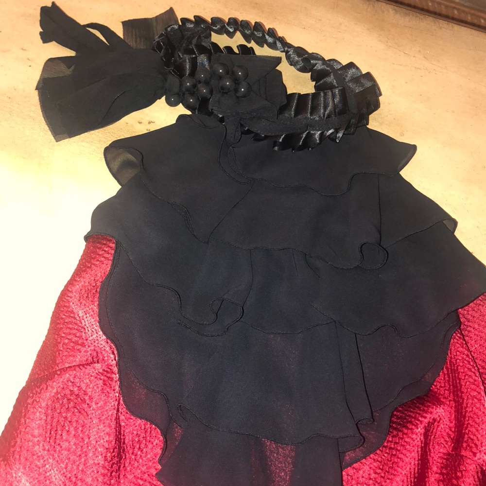 Red Satin Top with Black Ribbon collar